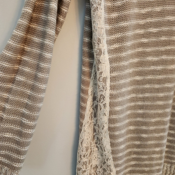 Vanity Tan Cowell Neck Scoop Front Sweater with Lace Side Accents.  Size L - Picture 2 of 5